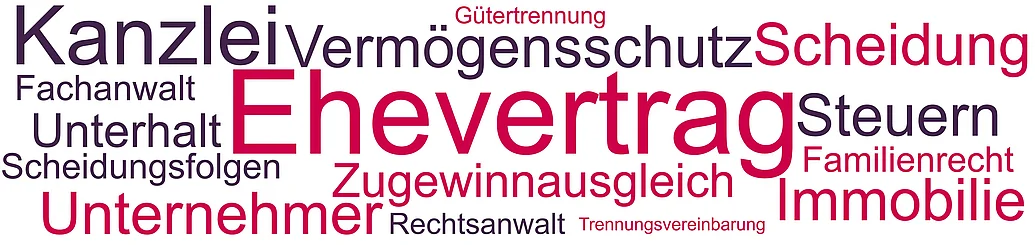 Mit einem Ehevertrag kann man die Scheidungsfolgen regeln. Dazu gehören insbesondere der Zugewinnausgleich, der Versorgungsausgleich und der nacheheliche Unterhalt. 