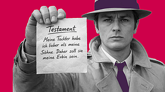 Alain Delon hält sein Testament hoch, mit dem er seine Tochter in der Erbfolge bevorzugt.