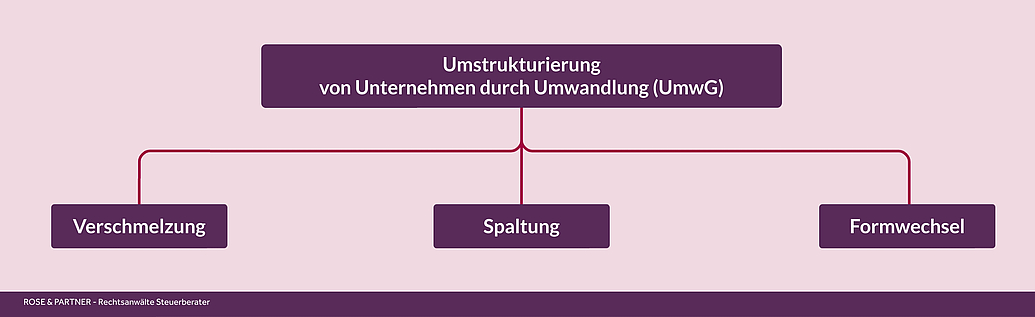 Unternehmen können nach dem Umwandlungsgesetzt durch Verschmelzung, Spaltung oder Formwechsel umstrukturiert werden.