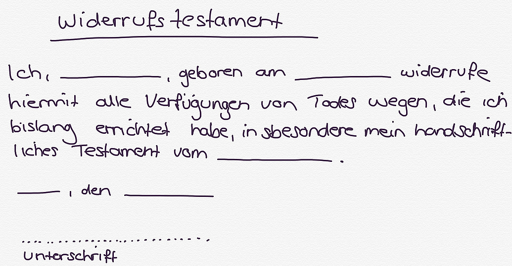 Für ein wirksames Widerrufstestament muss ein Testament ausdrücklich widerrufen werden und es müssen die zur Errichtung von Testamenten notwendigen Formvorschriften beachtete werden.