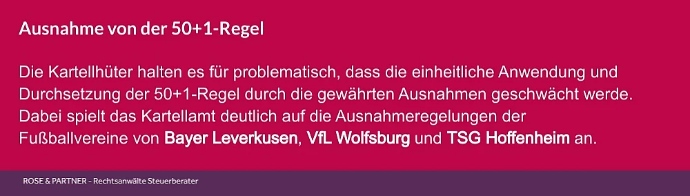 50+1-Regel Ausnahme zur 50+1-Fußballregel wird vom Kartellamt kritisiert.