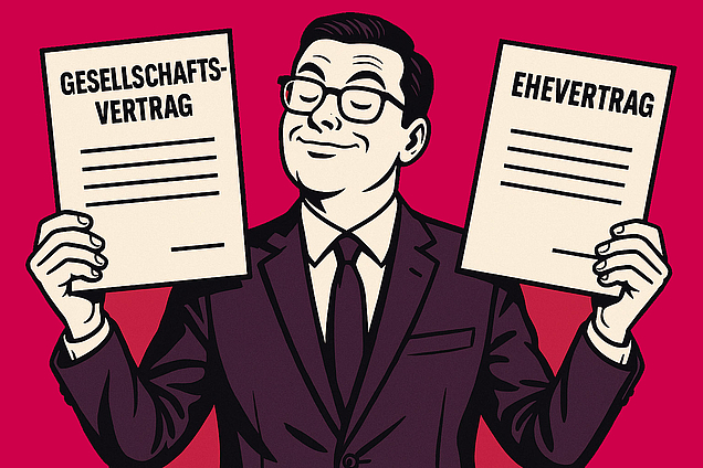 Unternehmer hält einen Gesellschaftsvertrag und einen Ehevertrag hoch