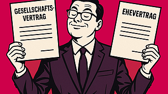 Unternehmer hält einen Gesellschaftsvertrag und einen Ehevertrag hoch