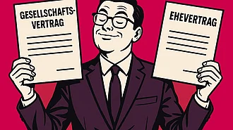 Unternehmer hält einen Gesellschaftsvertrag und einen Ehevertrag hoch