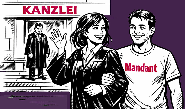 Eine Anwältin verlässt die Kanzlei und nimmt einen Mandanten mit.