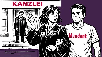 Eine Anwältin verlässt die Kanzlei und nimmt einen Mandanten mit.