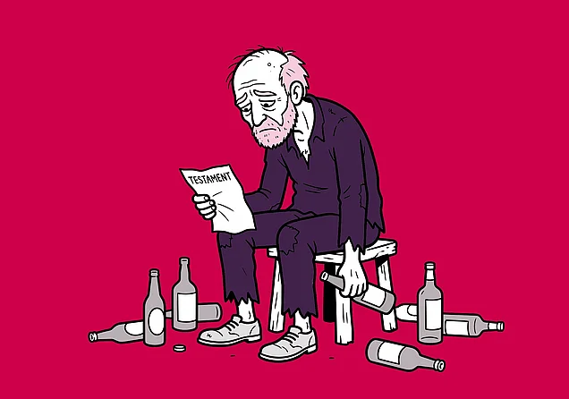 Ein Mann mit Alkoholsucht und Depression hält ein Testament in der Hand.