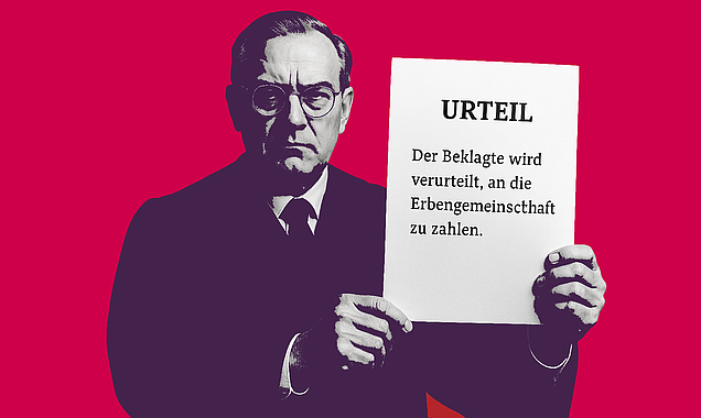 Ein Richter hält ein Urteil mit einem Tenor für eine Erbengemeinschaft als Kläger hoch.