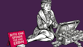 Eine Frau will Geld, obwohl sie geerbt hat.