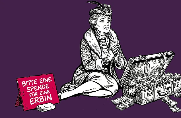 Eine Frau will Geld, obwohl sie geerbt hat.