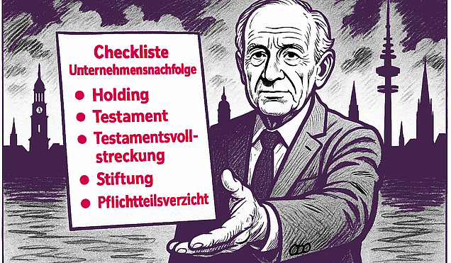Ein Erblasser hält ein Dokument mit einer Checkliste für die Unternehmensnachfolge hoch. Dort stehen die Stichpunkte Testament, Testamentsvollstreckung, Holding, Stiftung und Pflichtteilsverzicht.