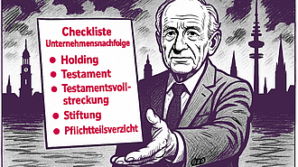Ein Erblasser hält ein Dokument mit einer Checkliste für die Unternehmensnachfolge hoch. Dort stehen die Stichpunkte Testament, Testamentsvollstreckung, Holding, Stiftung und Pflichtteilsverzicht.