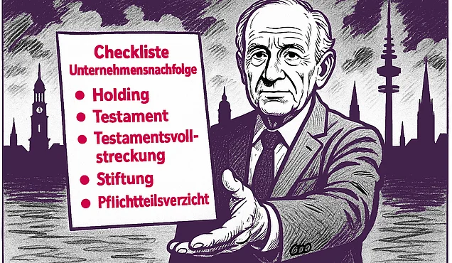 Ein Erblasser hält ein Dokument mit einer Checkliste für die Unternehmensnachfolge hoch. Dort stehen die Stichpunkte Testament, Testamentsvollstreckung, Holding, Stiftung und Pflichtteilsverzicht.