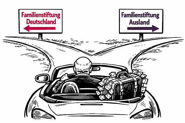 Auf dem Weg zur Familienstiftung muss man sich entscheiden, ob es eine ausländische oder deutsche Stiftung sein soll. 
