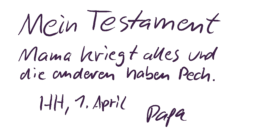 Handschriftliches Testament mit Erbeinsetzung der Ehefrau und Enterbung der Kinder