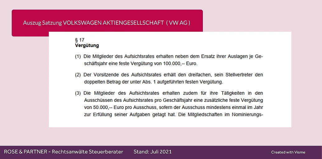 Beispiel, Muster für Satzungsregelung zur Aufsichtsratsvergütung Vergütung Gehalt Aufsichtsrat VW Volkswagen AG