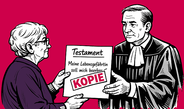 Eine Erbin überreicht einem Richter beim Nachlassgericht die Kopie eines Testaments.