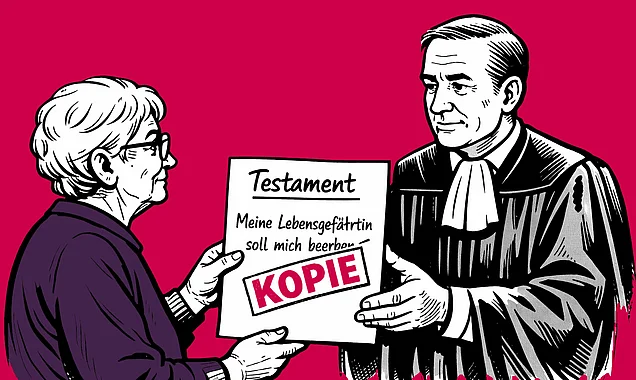Eine Erbin überreicht einem Richter beim Nachlassgericht die Kopie eines Testaments.