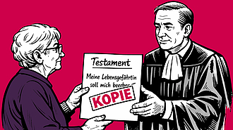 Eine Erbin überreicht einem Richter beim Nachlassgericht die Kopie eines Testaments.