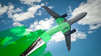 Greenwashing, irreführende Werbung, CO2-neutrale Flüge Flugzeug grün angestrichen